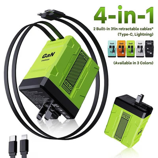 Last Day Sale W&O 4-in-1 GaN PD3.0 Fast Charger with Retractable Cables